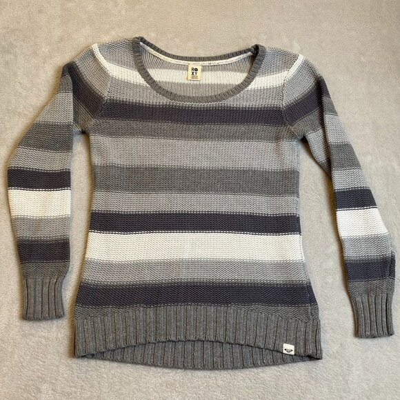 Roxy Women's Sweater Medium Striped Knit Gray & White Long Sleeve Scoop Neck - Picture 9 of 9
